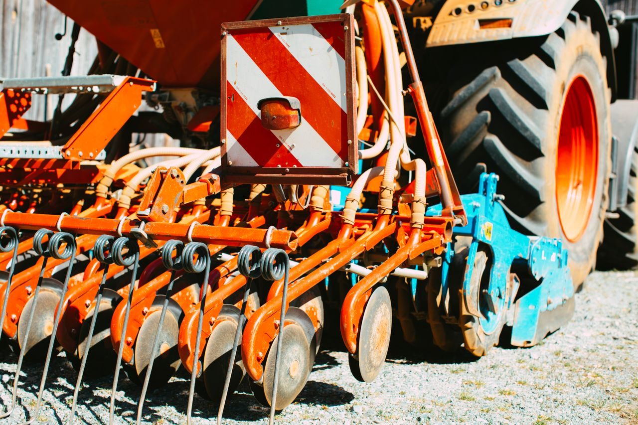 Close-up of farm implement and machinery parts