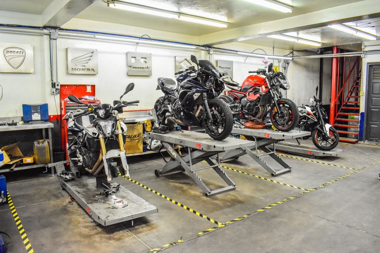 Custom motorcycles in the garage